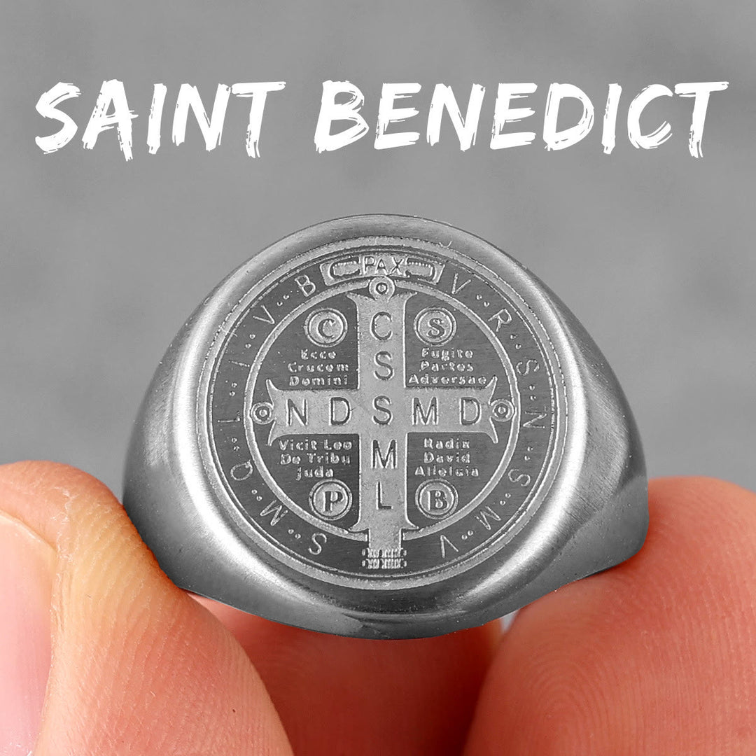 Christianartworkshop 8 Styles Retro Classic St. Benedict Symbol Engraved Protection Ring - Silver - UK Size Z+1（US 14） - image 2
