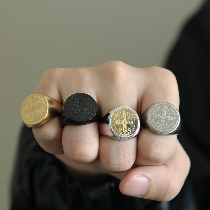 Christianartworkshop 8 Styles Retro Classic St. Benedict Symbol Engraved Protection Ring - image 1