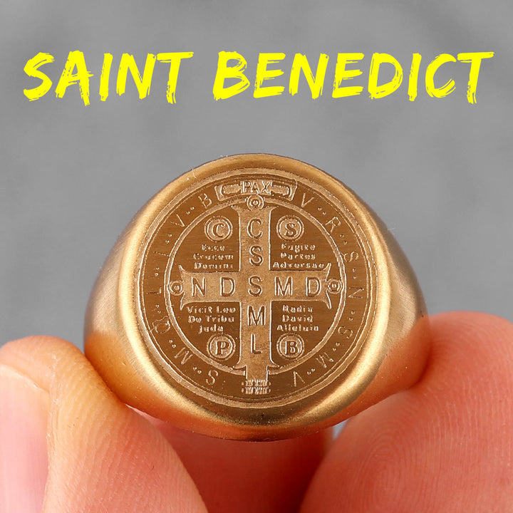 Christianartworkshop 8 Styles Retro Classic St. Benedict Symbol Engraved Protection Ring - Golden - UK Size Z+1（US 14） - image 3