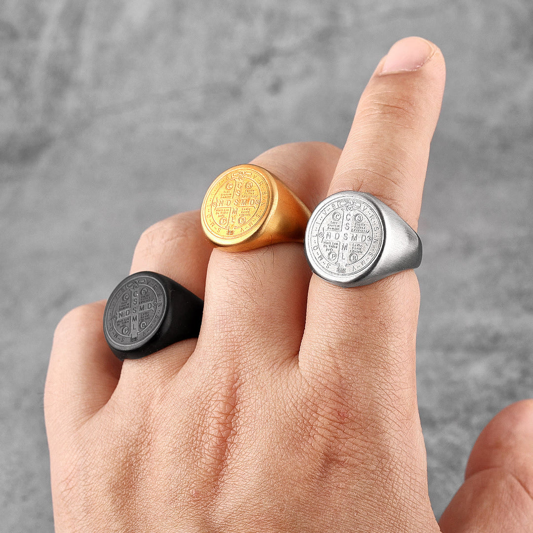 Christianartworkshop 8 Styles Retro Classic St. Benedict Symbol Engraved Protection Ring - image 15