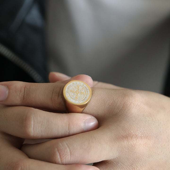 Christianartworkshop 8 Styles Retro Classic St. Benedict Symbol Engraved Protection Ring - Golden-1 - UK Size Z+1（US 14） - image 9