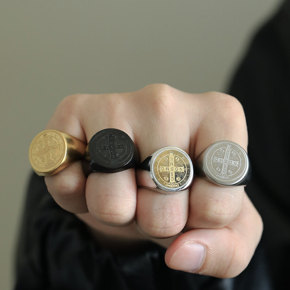 Christianartworkshop 8 Styles Retro Classic St. Benedict Symbol Engraved Protection Ring - image 1