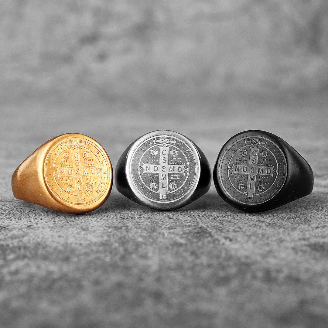 Christianartworkshop 8 Styles Retro Classic St. Benedict Symbol Engraved Protection Ring - image 16