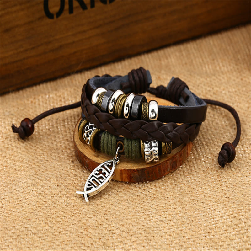 Christianartworkshop Retro Jesus Fish Adjustable Leather Cord Bracelet - image 2