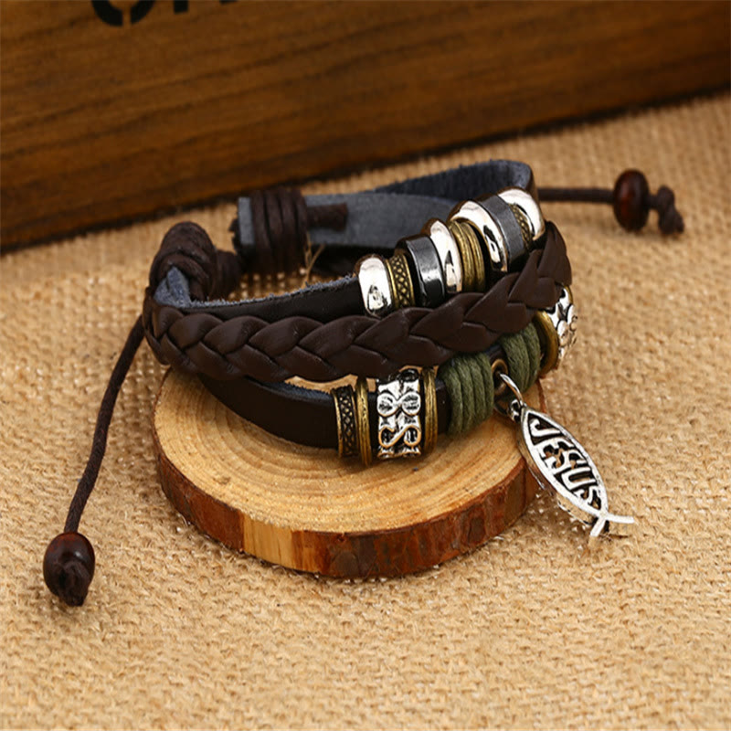 Christianartworkshop Retro Jesus Fish Adjustable Leather Cord Bracelet - image 1