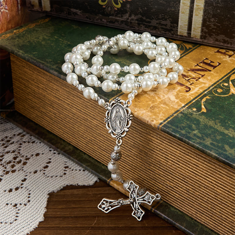 Christianartworkshop Miraculous Medal & Crucifix of 4mm White  Pearl Ball Prayer Beads Rosary - image 5