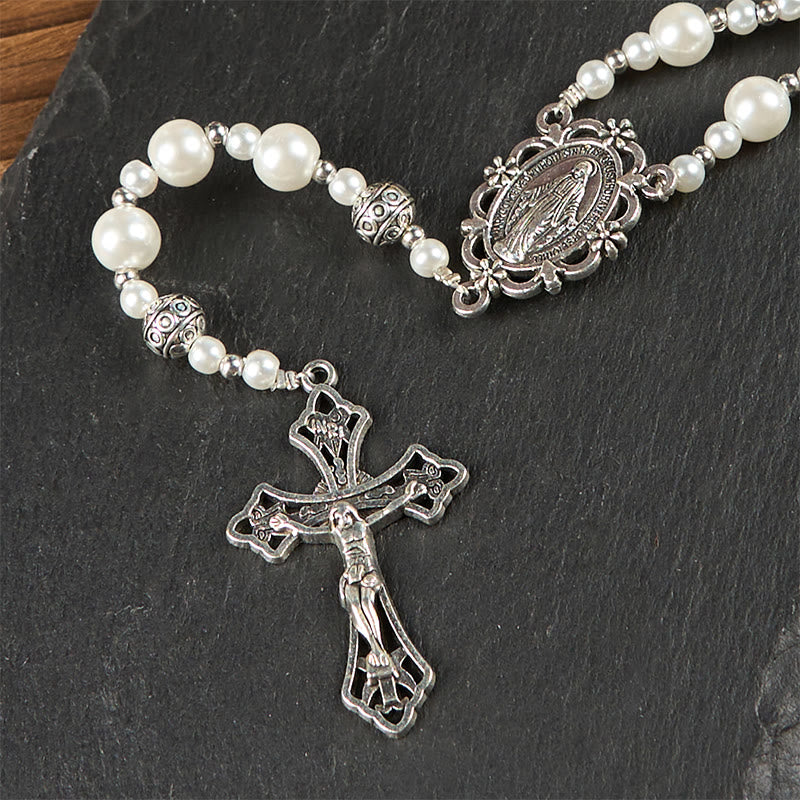 Christianartworkshop Miraculous Medal & Crucifix of 4mm White  Pearl Ball Prayer Beads Rosary - image 7