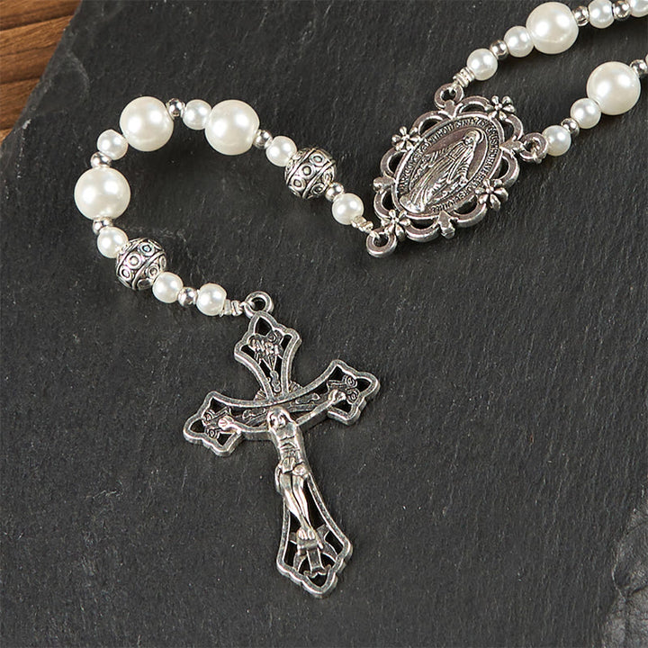 Christianartworkshop Miraculous Medal & Crucifix of 4mm White  Pearl Ball Prayer Beads Rosary - image 7