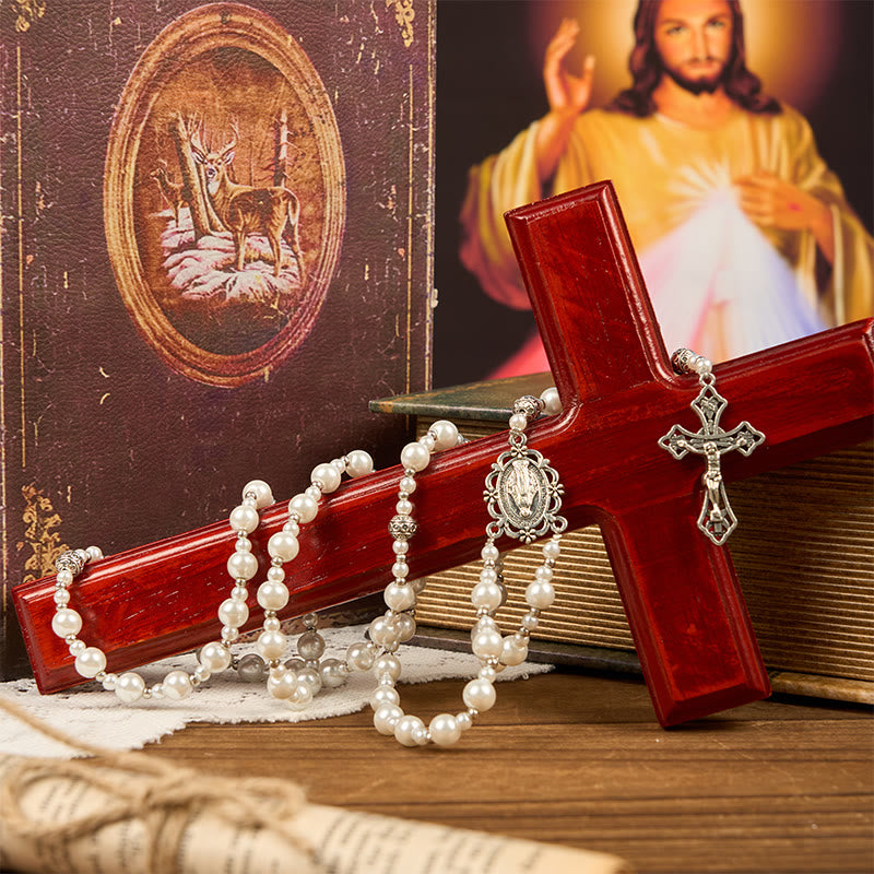 Christianartworkshop Miraculous Medal & Crucifix of 4mm White  Pearl Ball Prayer Beads Rosary - image 8