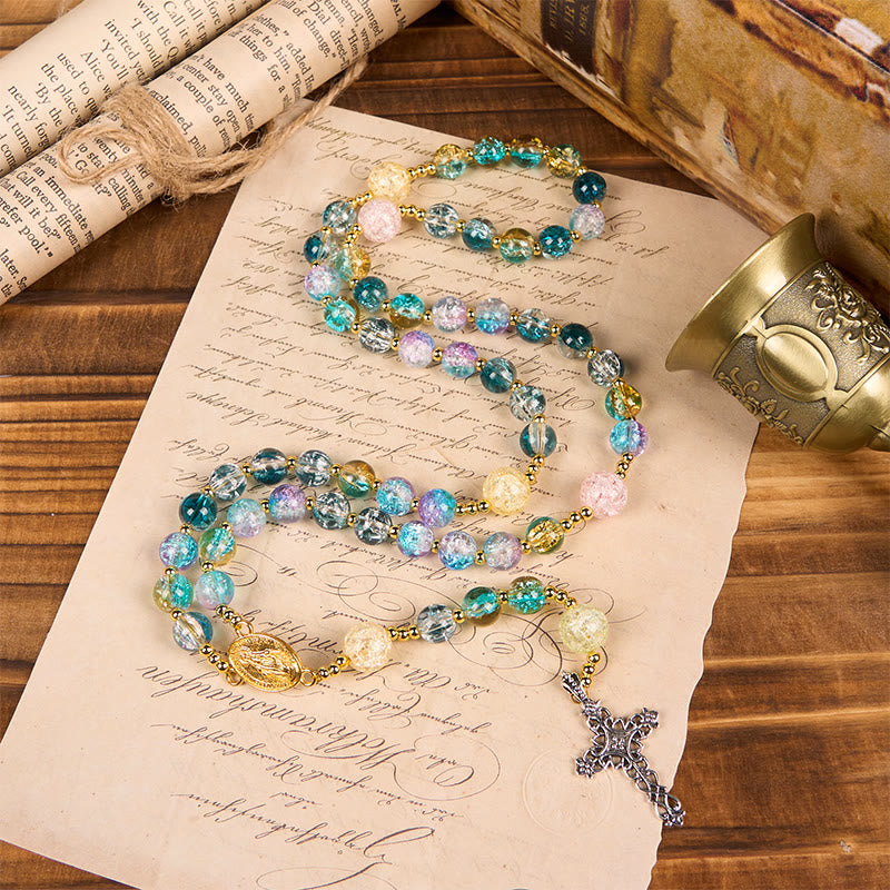 Christianartworkshop Miraculous Medal & Celtic Cross of 8 mm Round Multicolor Glass Alloy Chain Rosary - Miraculous Medal & Celtic Cross - image 0