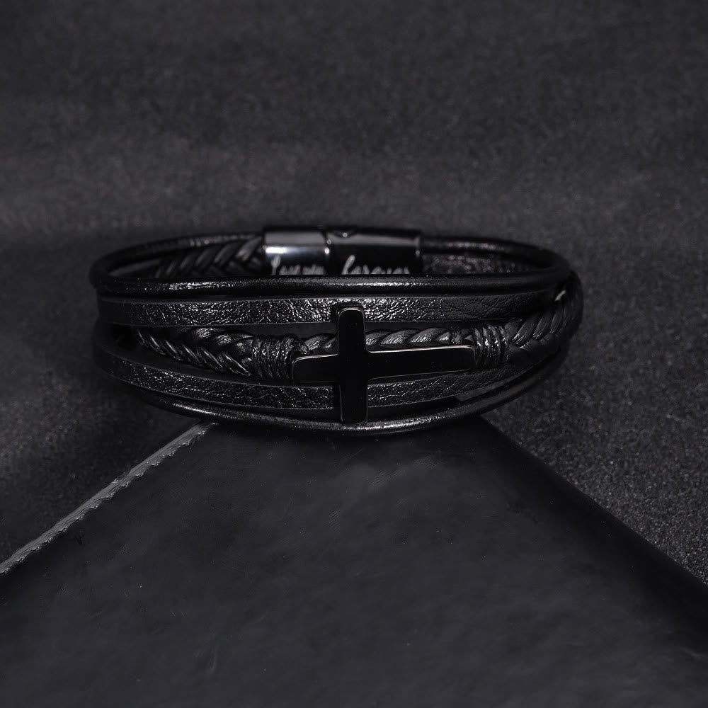 Cross of Black Leather Cuff Band Bracelet - image 1