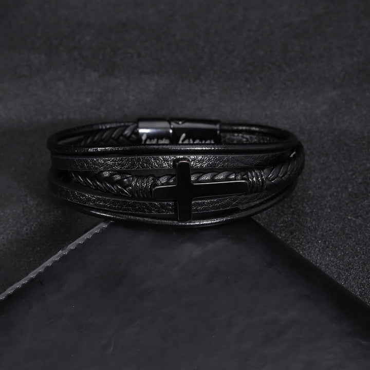 Cross of Black Leather Cuff Band Bracelet - image 1