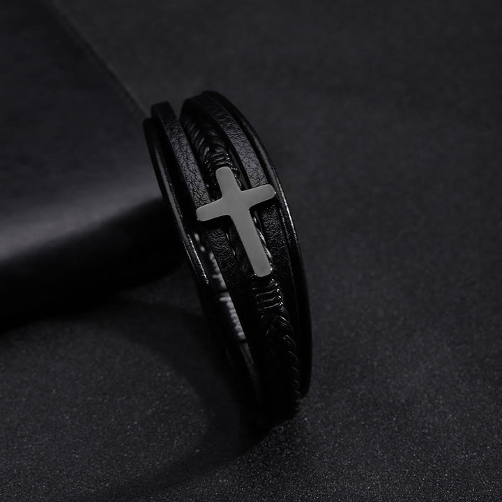 Cross of Black Leather Cuff Band Bracelet - 9'' - image 0