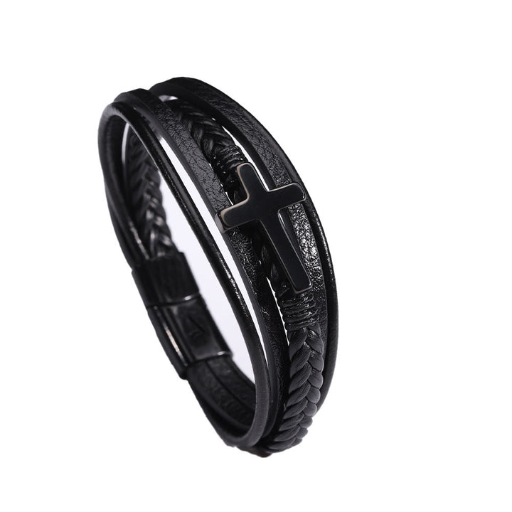 Cross of Black Leather Cuff Band Bracelet - image 4