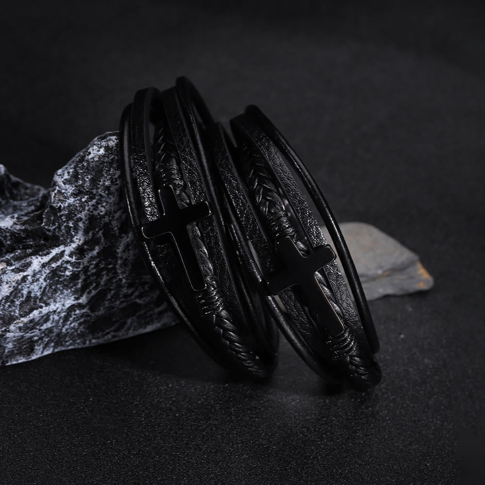 Cross of Black Leather Cuff Band Bracelet - image 3