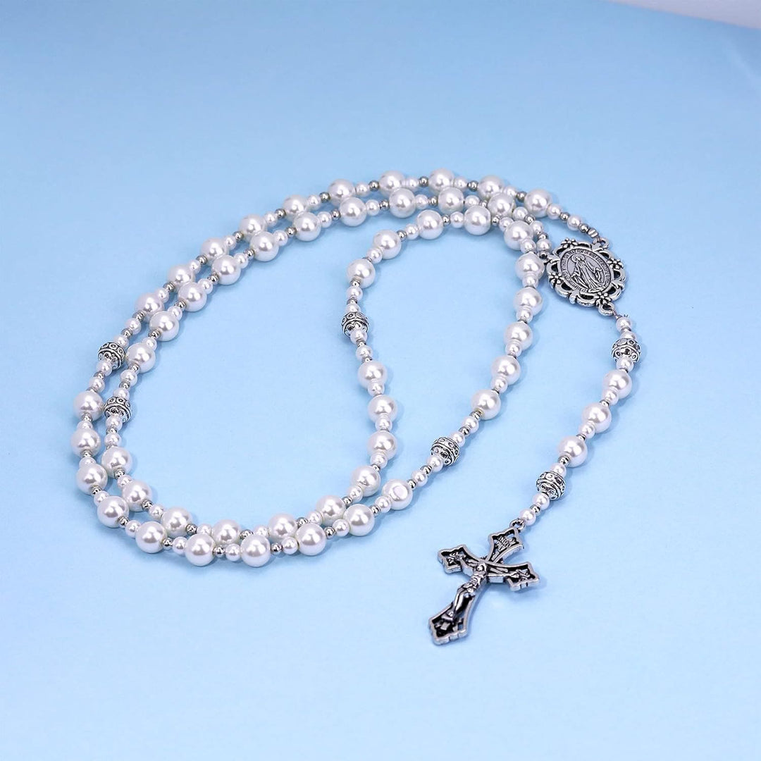 Christianartworkshop Miraculous Medal & Crucifix of 4mm White  Pearl Ball Prayer Beads Rosary - image 2