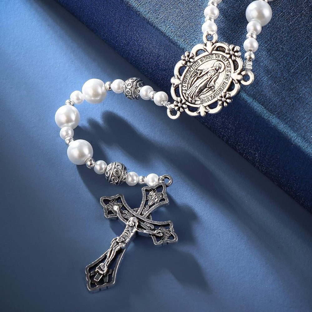 Christianartworkshop Miraculous Medal & Crucifix of 4mm White  Pearl Ball Prayer Beads Rosary - image 1