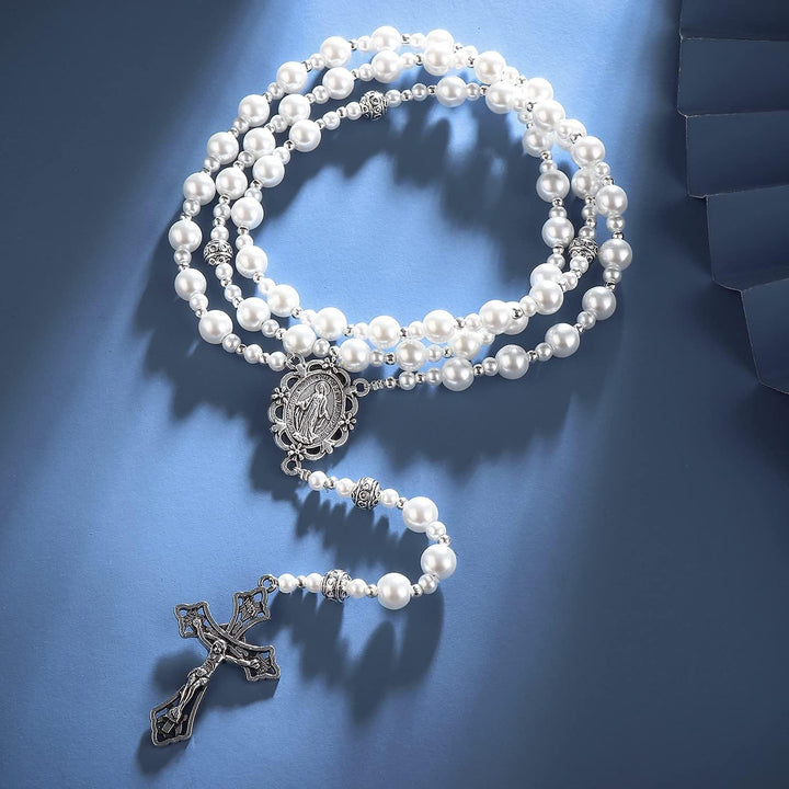Christianartworkshop Miraculous Medal & Crucifix of 4mm White  Pearl Ball Prayer Beads Rosary - Miraculous Medal & Crucifix - image 0