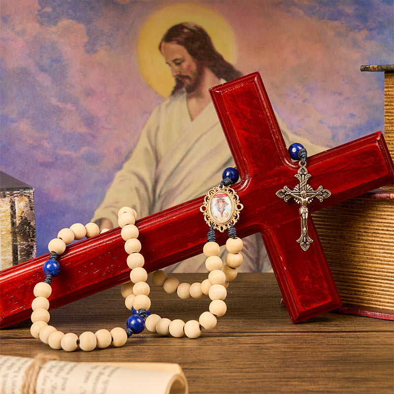 Christianartworkshop Our Lady & Crucifix of 10mm Handmade Wooden Beads Lapis Lazuli Our Father Beads Rosary