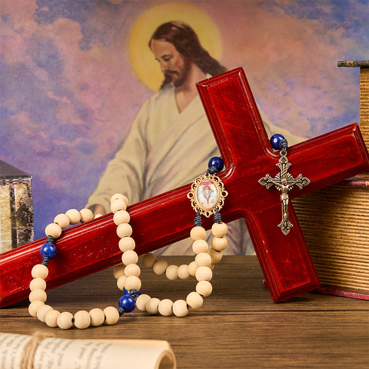 Christianartworkshop Our Lady & Crucifix of 10mm Handmade Wooden Beads Lapis Lazuli Our Father Beads Rosary