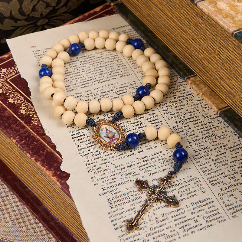 Christianartworkshop Our Lady & Crucifix of 10mm Handmade Wooden Beads Lapis Lazuli Our Father Beads Rosary