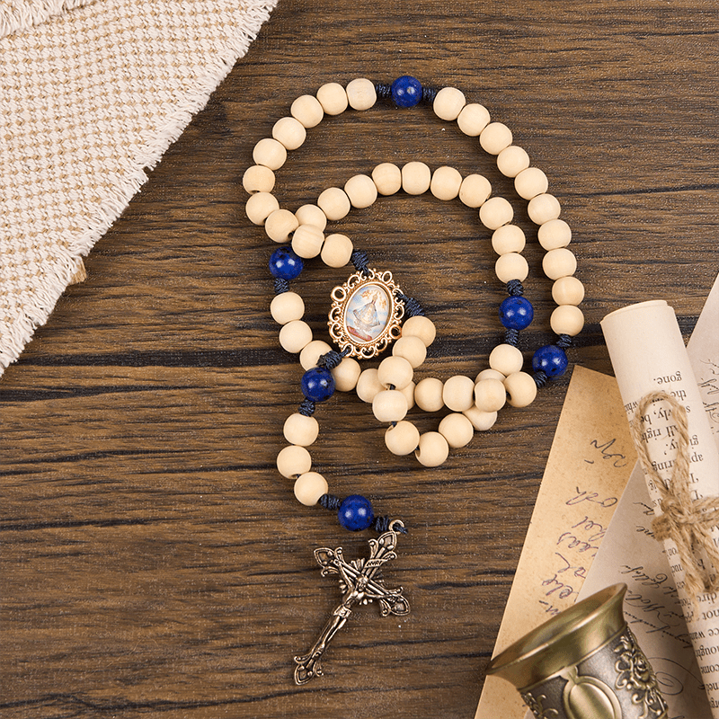 Christianartworkshop Our Lady & Crucifix of 10mm Handmade Wooden Beads Lapis Lazuli Our Father Beads Rosary