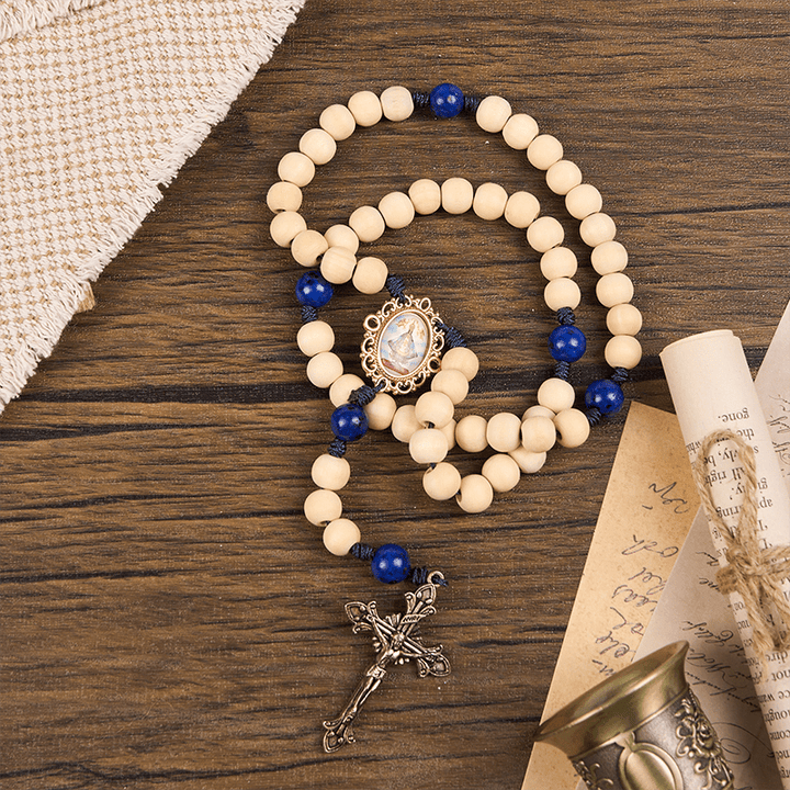 Christianartworkshop Our Lady & Crucifix of 10mm Handmade Wooden Beads Lapis Lazuli Our Father Beads Rosary