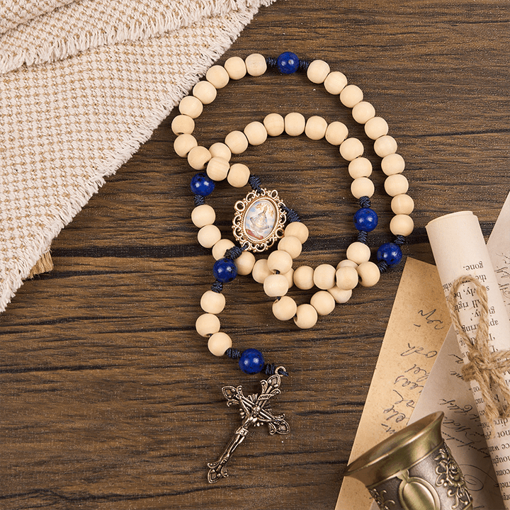 Christianartworkshop Our Lady & Crucifix of 10mm Handmade Wooden Beads Lapis Lazuli Our Father Beads Rosary