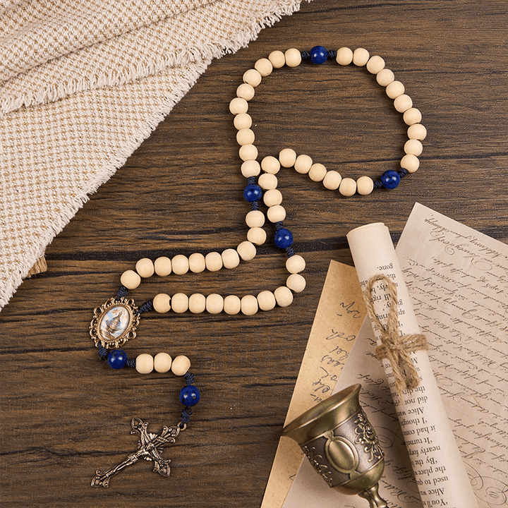 Christianartworkshop Our Lady & Crucifix of 10mm Handmade Wooden Beads Lapis Lazuli Our Father Beads Rosary