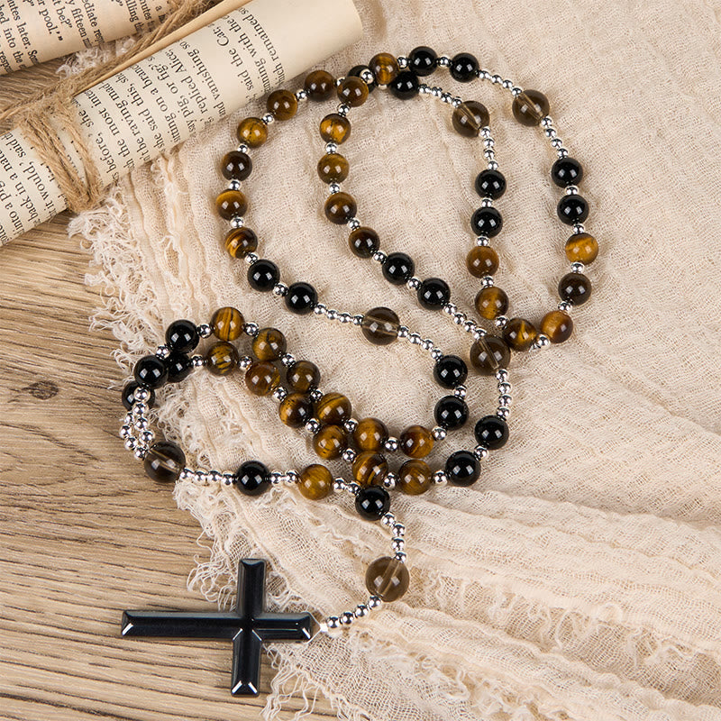 Christianartworkshop Natural Obsidian Tiger's Eye Rosary Necklace - Hematite Stone Cross Protection Rosary - Natural Obsidian Tiger's Eye Rosary Necklace - image 0
