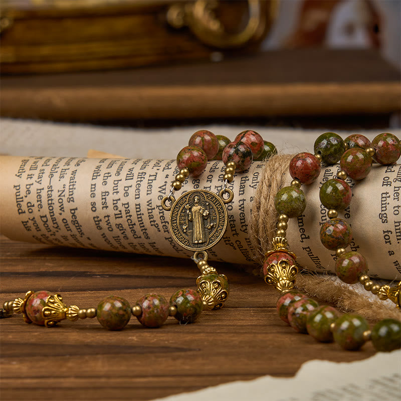Christianartworkshop St. Benedict & Crucifix of 8mm Chrysocolla Stone Handmade Rosary - Exclusive Crafted for Holy Prayer