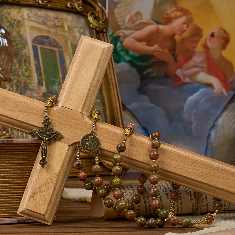 Christianartworkshop St. Benedict & Crucifix of 8mm Chrysocolla Stone Handmade Rosary - Exclusive Crafted for Holy Prayer