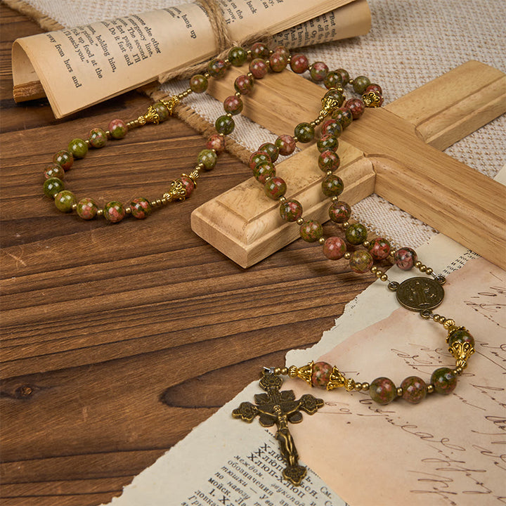 Christianartworkshop St. Benedict & Crucifix of 8mm Chrysocolla Stone Handmade Rosary - Exclusive Crafted for Holy Prayer
