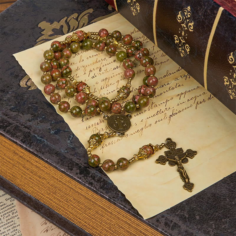 Christianartworkshop St. Benedict & Crucifix of 8mm Chrysocolla Stone Handmade Rosary - Exclusive Crafted for Holy Prayer