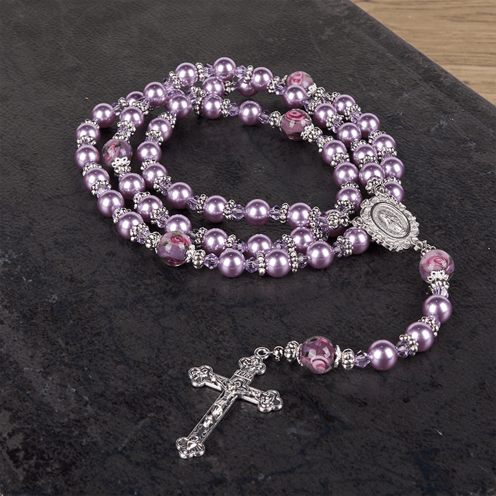 Christianartworkshop Miraculous Medal & Crucifix 8mm Purple Pearl & Crystal Handmade Rosary - Sacred Beads for Holy Prayer - image 14