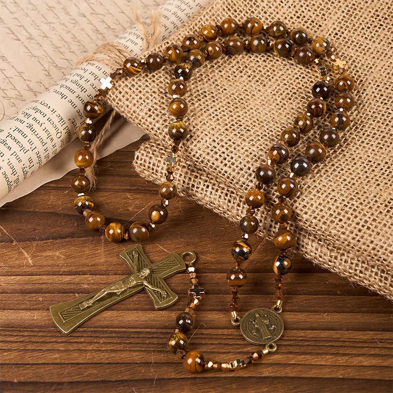 St. Benedict Medal & Crucifix of 8 mm Round Brown Tiger's Eye Alloy Chain Rosary - St. Benedict Medal & Crucifix - image 0
