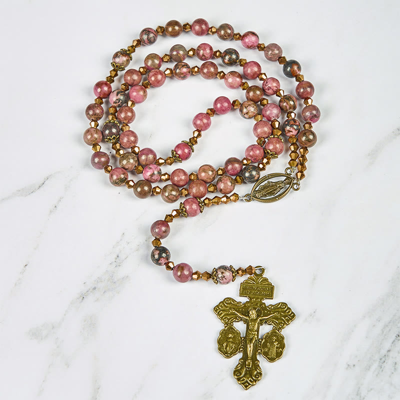 Christianartworkshop Vintage-Inspired Rosary with Pink Rhodonite - Journey with Christ