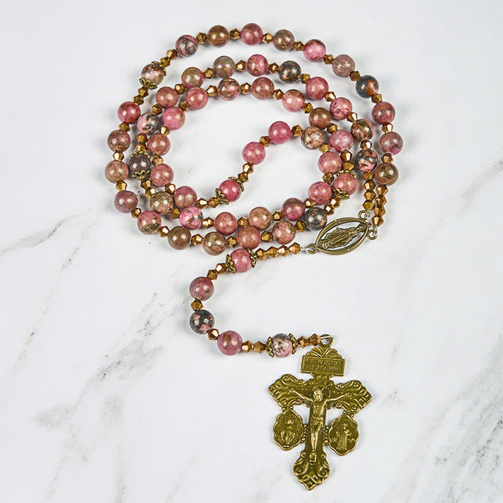 Christianartworkshop Vintage-Inspired Rosary with Pink Rhodonite - Journey with Christ