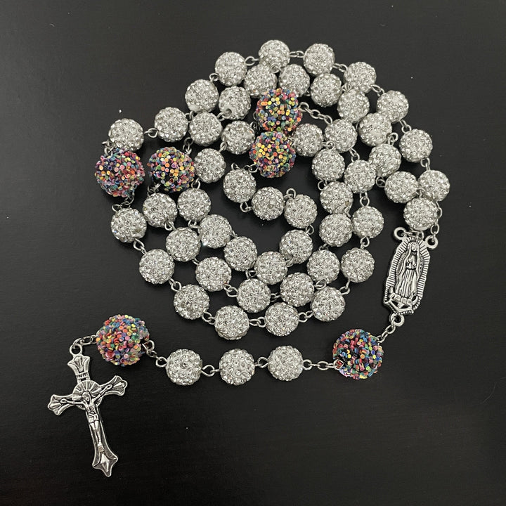 Christianartworkshop Our Lady of Guadalupe & Crucifix of 10mm Round White Rhinestone Alloy Chain Rosary - Our Lady of Guadalupe & Crucifix - image 0
