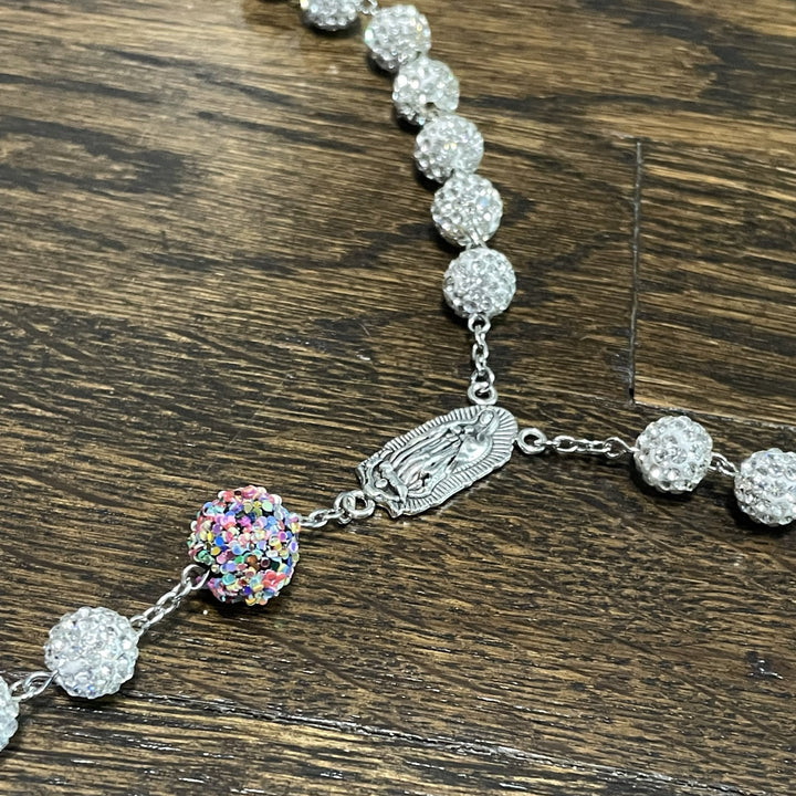 Christianartworkshop Our Lady of Guadalupe & Crucifix of 10mm Round White Rhinestone Alloy Chain Rosary - image 3