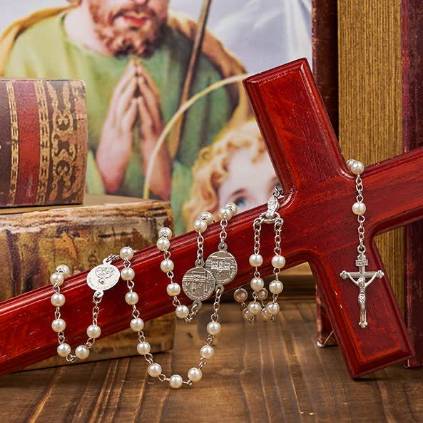 Crucifix & Our Lady of 8mm Pearl Prayer Beads Rosary (3 Colors) - image 3