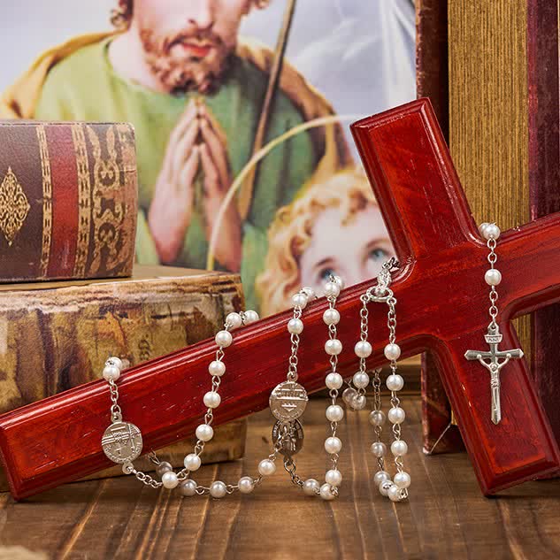 Crucifix & Our Lady of 8mm Pearl Prayer Beads Rosary (3 Colors) - Pearlescent - image 2