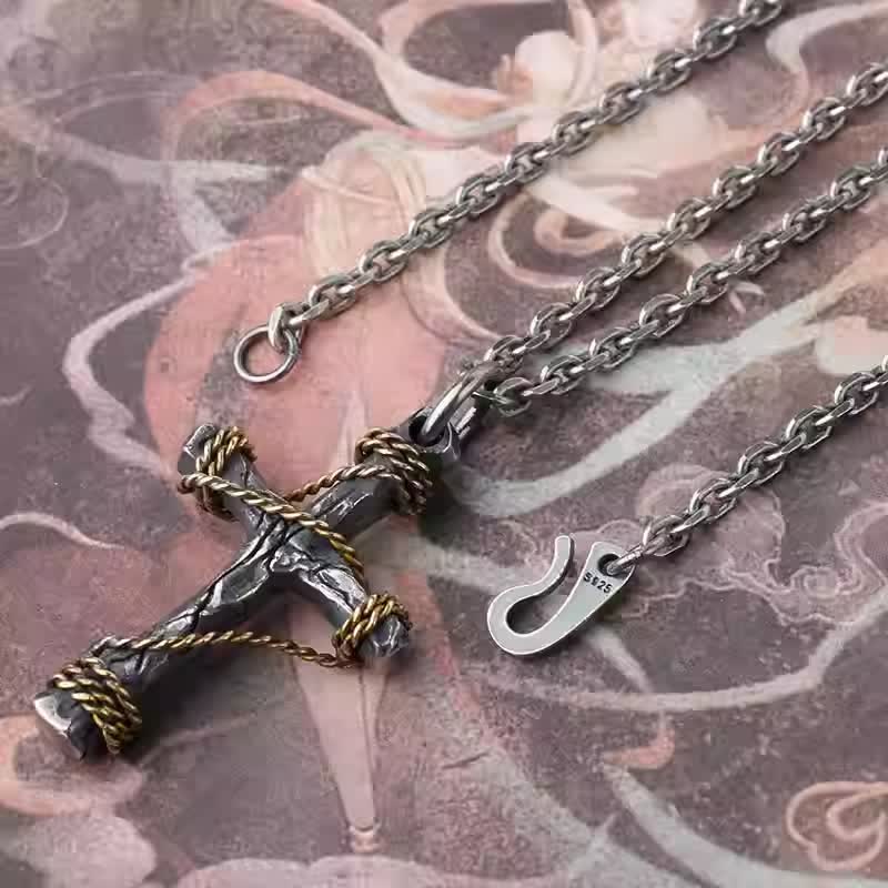 Christianartworkshop Exquisite 925 Sterling Silver and Brass Rope Forged Cross Necklace - 925 Sterling Silver(Pendant & Chain) - image 1