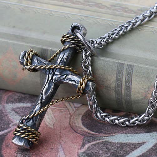 Christianartworkshop Exquisite 925 Sterling Silver and Brass Rope Forged Cross Necklace - 925 Sterling Silver - image 1