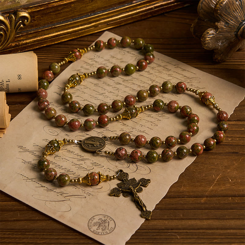 Christianartworkshop St. Benedict & Crucifix of 8mm Chrysocolla Stone Handmade Rosary - Exclusive Crafted for Holy Prayer