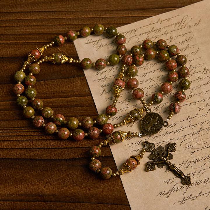 Christianartworkshop St. Benedict & Crucifix of 8mm Chrysocolla Stone Handmade Rosary - Exclusive Crafted for Holy Prayer