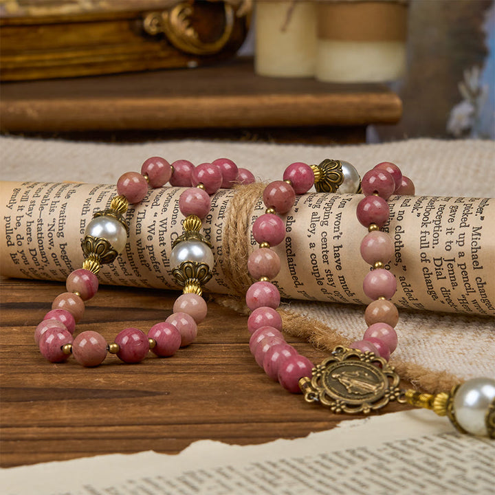 Christianartworkshop Miraculous Medal & Crucifix of 8mm Natural Red Wood Vein Stone Handmade Rosary Beads