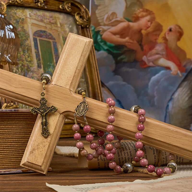 Christianartworkshop Miraculous Medal & Crucifix of 8mm Natural Red Wood Vein Stone Handmade Rosary Beads