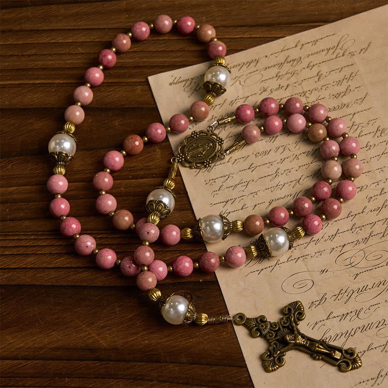 Christianartworkshop Miraculous Medal & Crucifix of 8mm Natural Red Wood Vein Stone Handmade Rosary Beads