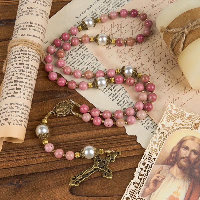 Christianartworkshop Miraculous Medal & Crucifix of 8mm Natural Red Wood Vein Stone Handmade Rosary Beads